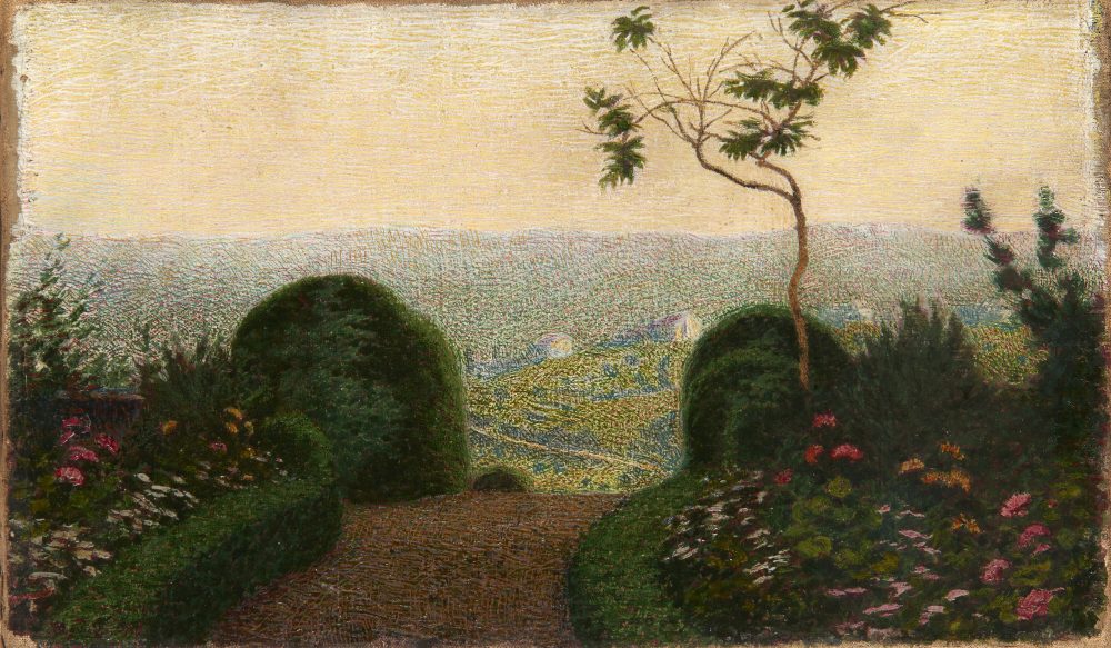 Lotto 150 Angelo Morbelli (Alessandria 1853 - Milano 1919) “Angolo di giardino” 1909, olio su tela, cm 24,5x41,5. Stima € 8.000 - 12.000 Venduto € 47.880