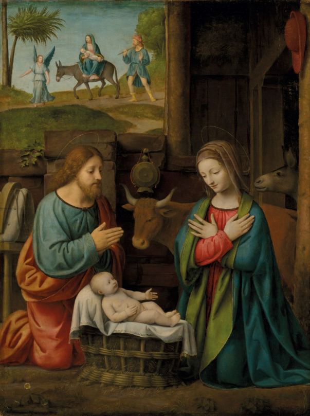 Bernardino Luini, The Nativity, with the Journey to Egypt beyond