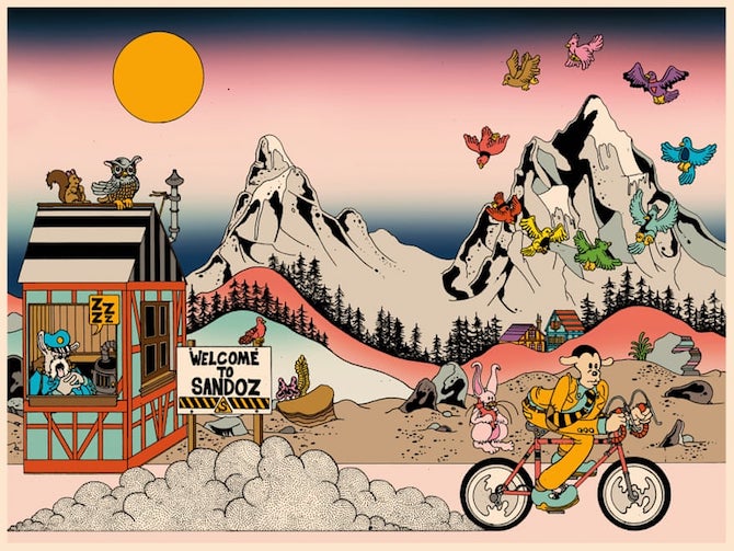 Una tavola da Bicycle Day, fumetto dedicato ad Albert Hofmann
