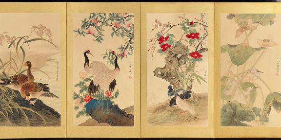 Chen Zhifo Seasonal Flowers a nd Birds 1947 Inchiostro e colore su carta. 91 x 49 cm Collez ione privata, Asia Courtesy Bonhams, Hong Kong
