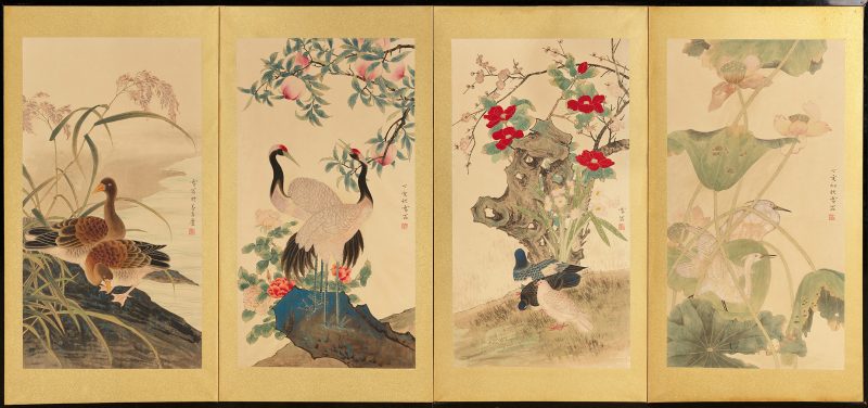 Chen Zhifo Seasonal Flowers a nd Birds 1947 Inchiostro e colore su carta. 91 x 49 cm Collez ione privata, Asia Courtesy Bonhams, Hong Kong
