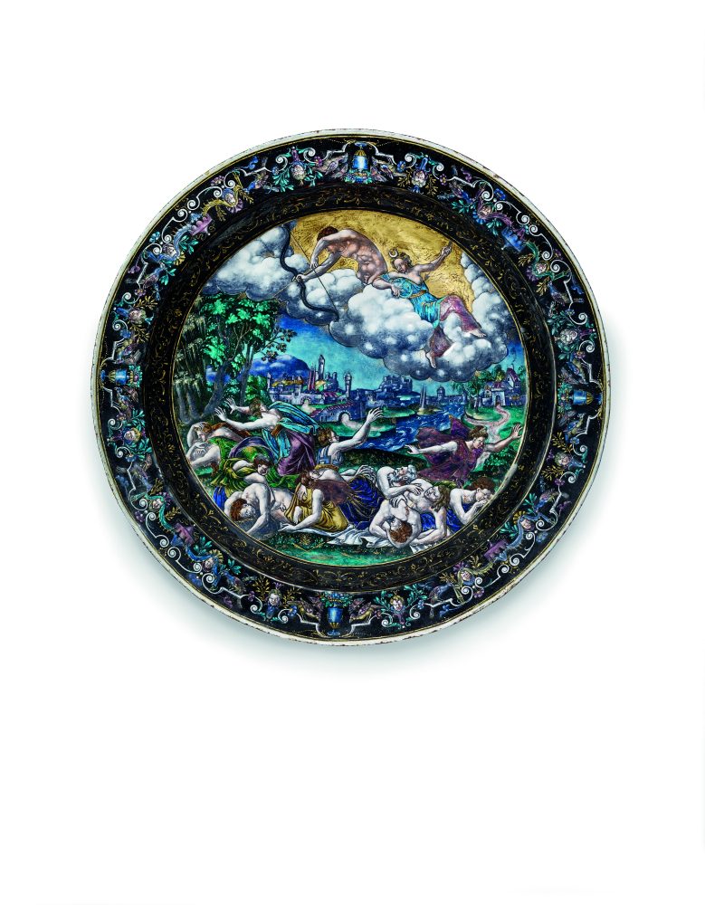 A CIRCULAR LIMOGES ENAMEL CHARGER DEPICTING THE PUNISHMENT OF NIOBE BY DIANA AND APOLLO BY PIERRE COURTOYS, AFTER GIULIO ROMANO, THIRD QUARTER 16TH CENTURY (FL. 1544-1581) 18 in. (45.7 cm.) diam. Estimate: In the region of $200,000 