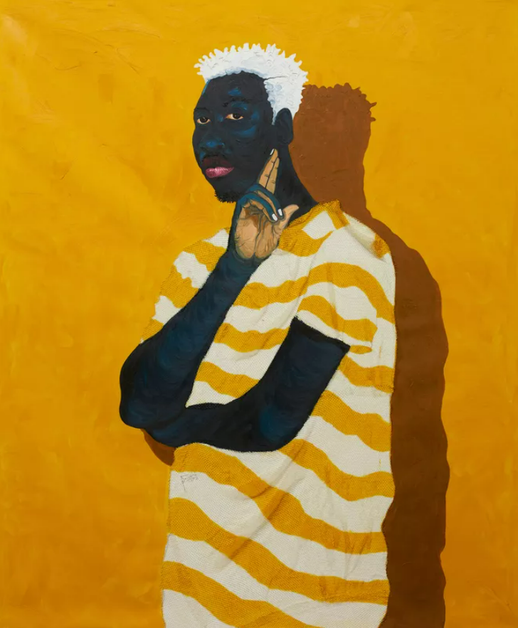 Adjei Tawiah, Two Sure, 2022, Oil and sponge cloth on canvas, 180 x 150 cm. Courtesy of the Artist and Gallery 1957.