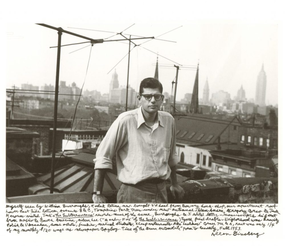 Allen Ginsberg Snapped by W. S. Burroughs, 206 East 7th Street Rooftop, Fall 1953. Photo: © Allen Ginsberg, courtesy of Fahey/Klein Gallery, Los Angeles.