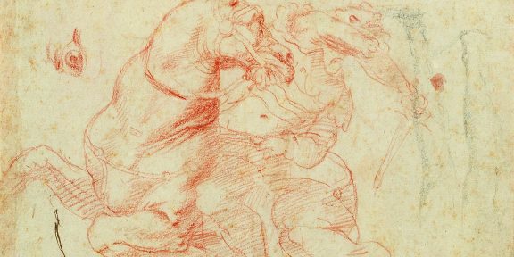 Raffaello Sanzio, called Raphael (Urbino 1483–1520 Rome) Study for the Battle of the Milvian Bridge: a rider on horseback and a horse’s head and eye, red chalk and pen on paper, 22 x 24 cm © Dorotheum