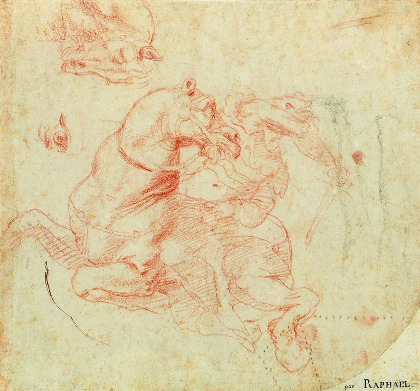 Raffaello Sanzio, called Raphael (Urbino 1483–1520 Rome) Study for the Battle of the Milvian Bridge: a rider on horseback and a horse’s head and eye, red chalk and pen on paper, 22 x 24 cm © Dorotheum