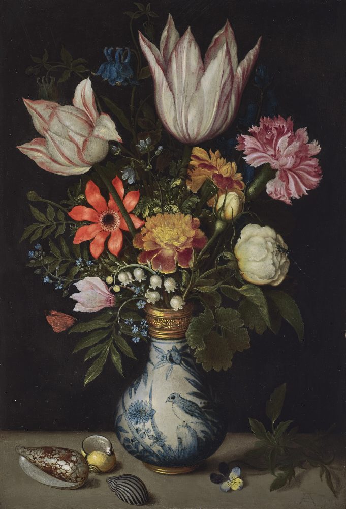 AMBROSIUS BOSSCHAERT I (ANTWERP 1573-1621 THE HAGUE) Tulips, roses, lilies of the valley, forget-me-nots, cyclamen and other flowers in a Kraak porcelain vase, with shells on a ledge oil on copper Estimate: $400,000-600,000