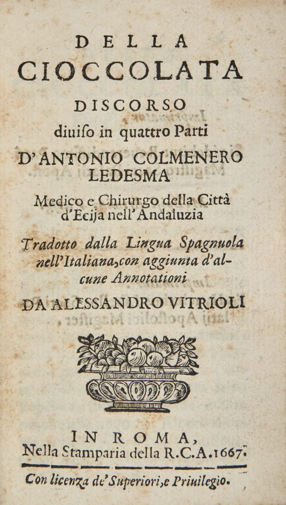 Lotto 210 [GASTRONOMIA - CIOCCOLATA] - COLMENERO DE LEDESMA, Antonio (sec. XVII) - Della cioccolata discorso diuiso in quattro parti d'Antonio Colmenero Ledesma medico e chirurgo della città d'Ecija nell'Andaluzia tradotto dalla lingua spagnuola nell'italiana, con aggiunta d'alcune annotationi da Alessandro Vitrioli. Roma: nella stamperia della R.C.A, 1667. Venduto € 5.670