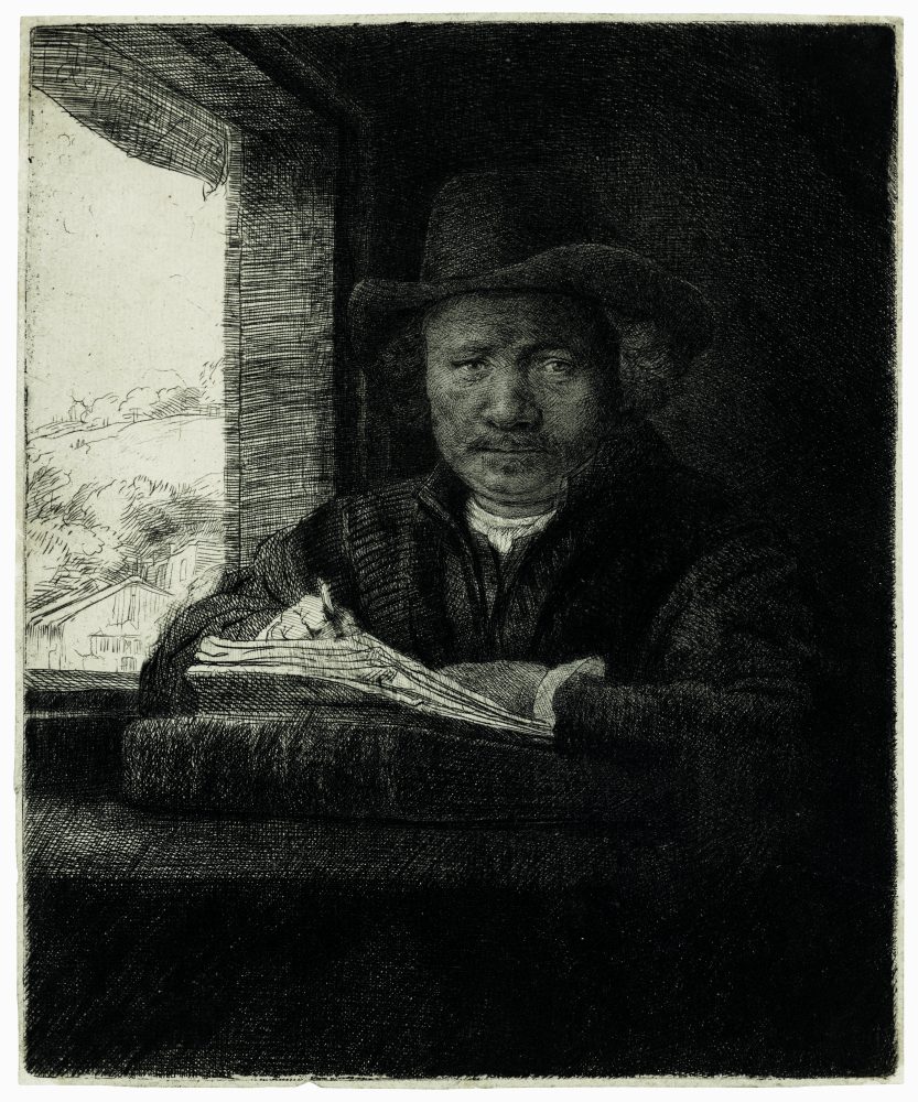 REMBRANDT HARMENSZ OON VAN RIJN (1606 - 1669) Self - Portrait etching at a Window etching and drypoint on laid paper, watermark Strasbourg Lily (Hinterding G) a brilliant, early and very atmospheric impression of New Hollstein's fourth state (of nine)printing with great clarity, with much burr and a subtle plate tone Estimate: £80,000 - 120,000
