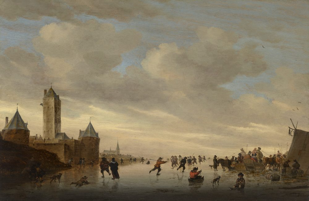 SALOMON VAN RUYSDAEL (AMSTERDAM 1600/03-1670 HAARLEM) Skaters on a canal near the Plomptoren in Utrecht oil on panel Estimate: $200,000-300,000