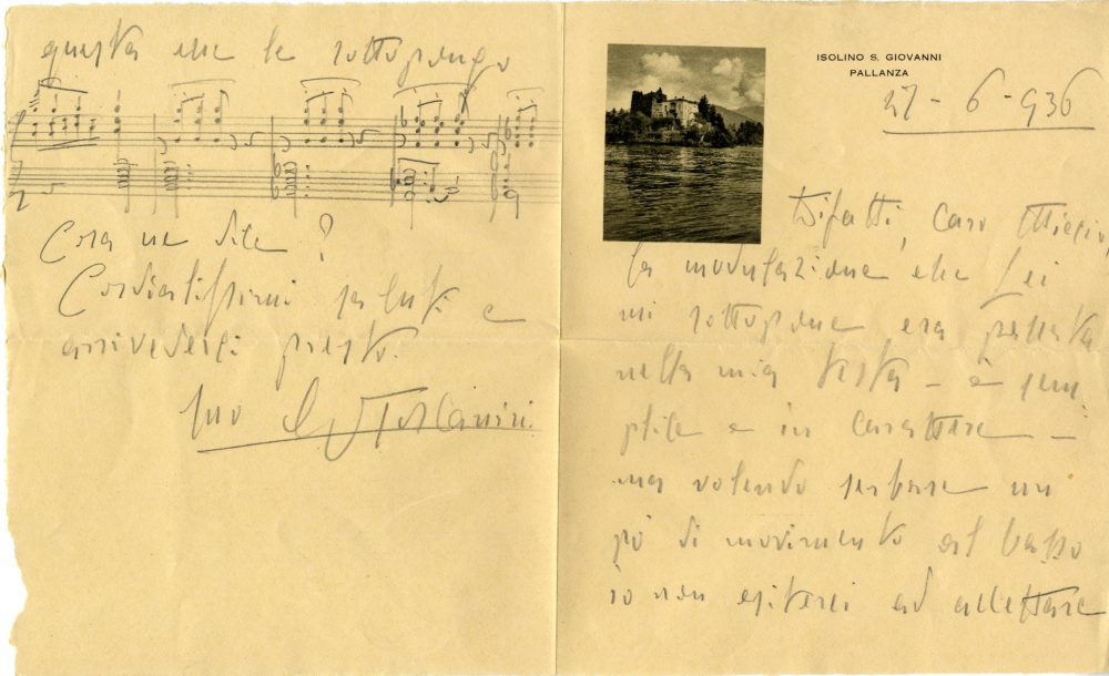 Lettera di Arturo Toscanini relativa ad una modulazione per il soprano Lotte Lehman in “ Fidelio ” Pallanza, 27 giugno 1936