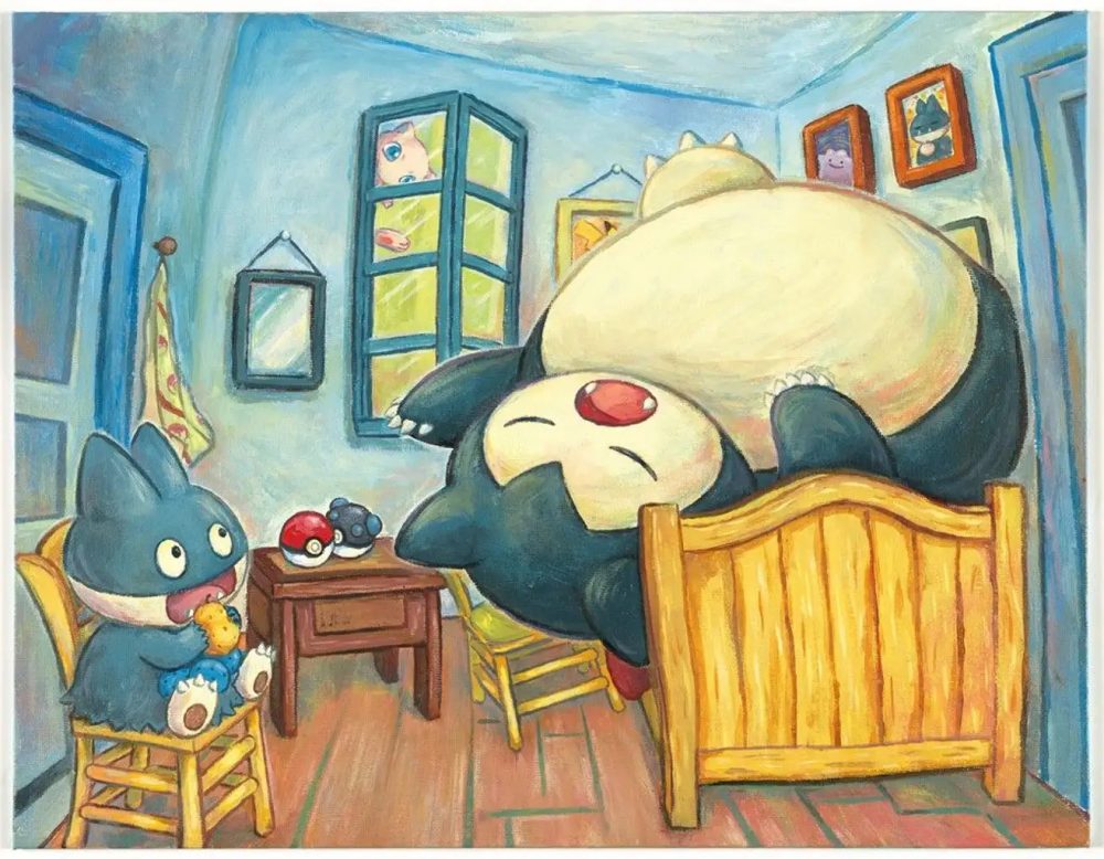 Sowsow, Munchlax & Snorlax inspired by Vincent van Gogh’s The Bedroom (1888). Courtesy of the Pokémon Company International, ©2023 Pokémon/ Nintendo/Creatures/Game Freak.