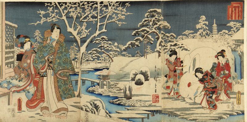 Lotto 1018 Album a 1sarmonica contenente 129 stampe in formato oban verticale di artisti della scuola Utagawa, metà del XIX secolo: Kuniyoshi (1798-1861), Kunisada (1786-1865), Hiroshige (1797-1858) e altri. Molte delle stampe formano dittici e trittici ispirati alla storia del principe Genji, altre appartengono a serie di stampe singole ancora ispirate al Genji Monogatari o all'antologia poetica I Cento Poeti. Giappone, periodo Edo (1603-1868). Stima € 2.200 - 2.400