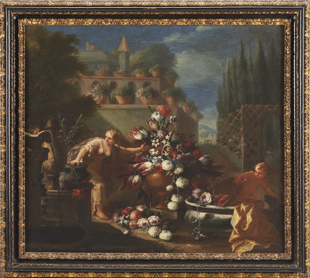 Lotto 105 Nicola Malinconico (Napoli 1663 - 1726) (attr.) "Composizioni con vasi di fiori, frutta e figure all'aperto" Coppia di dipinti a olio su tela (cm 53,5x61,5). Stima € 28.000 - 30.000