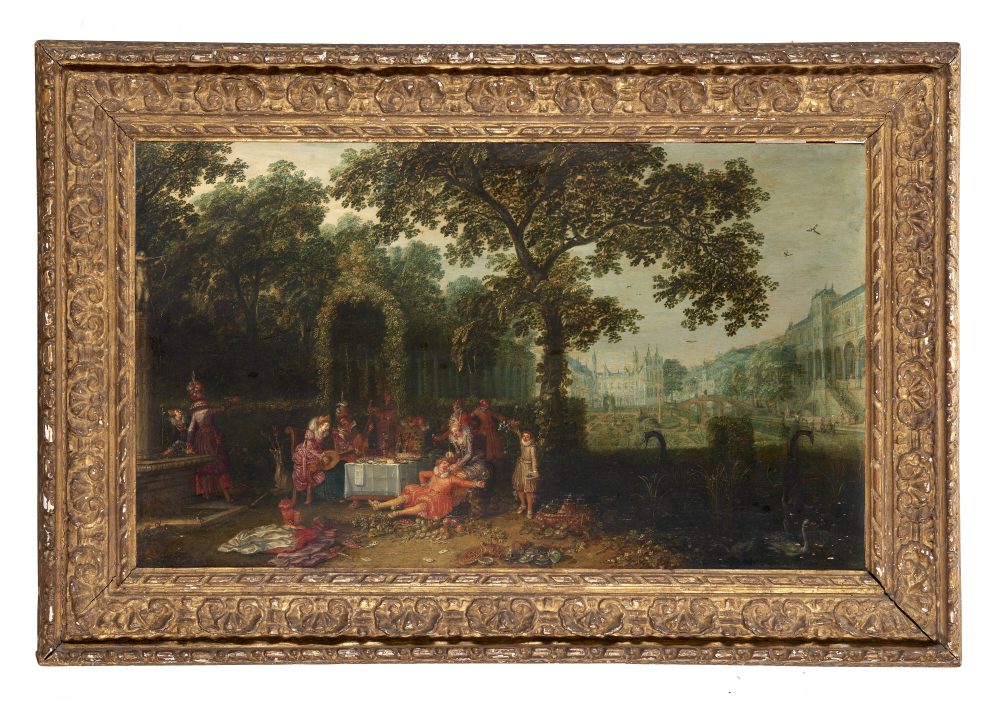 Lotto 342 Seguace di Frans Francken II "Concerto all'aperto" olio su tavola (cm 58x95). Venduto € 163.800