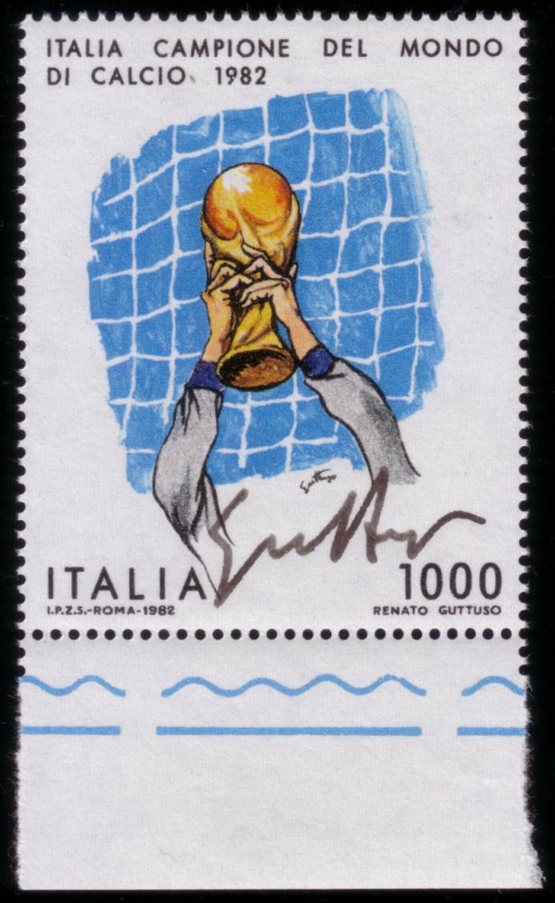 Lotto 41 REPUBBLICA 1982 1000 lire "Italia Campione del Mondo di Calcio" recante firma autografa del disegnatore del francobollo Renato Guttuso MNH..........(Un. 1613). Valutazione € 70 - 100