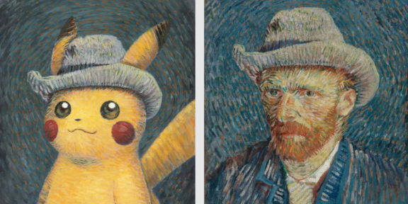 Left: Pikachu inspired by ‘Self-Portrait with Grey Felt Hat’, Naoyo Kimura (1960), The Pokémon Company International, ©2023 Pokémon / Nintendo / Creatures / GAME FREAK. Right: Vincent van Gogh, ‘Self-Portrait with Grey Felt Hat’, 1887, Van Gogh Museum Amsterdam (Vincent van Gogh Foundation).