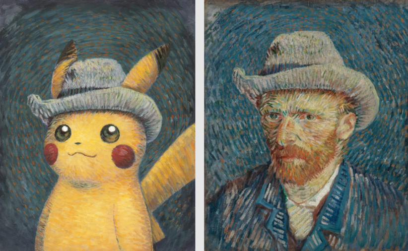 Left: Pikachu inspired by ‘Self-Portrait with Grey Felt Hat’, Naoyo Kimura (1960), The Pokémon Company International, ©2023 Pokémon / Nintendo / Creatures / GAME FREAK. Right: Vincent van Gogh, ‘Self-Portrait with Grey Felt Hat’, 1887, Van Gogh Museum Amsterdam (Vincent van Gogh Foundation).