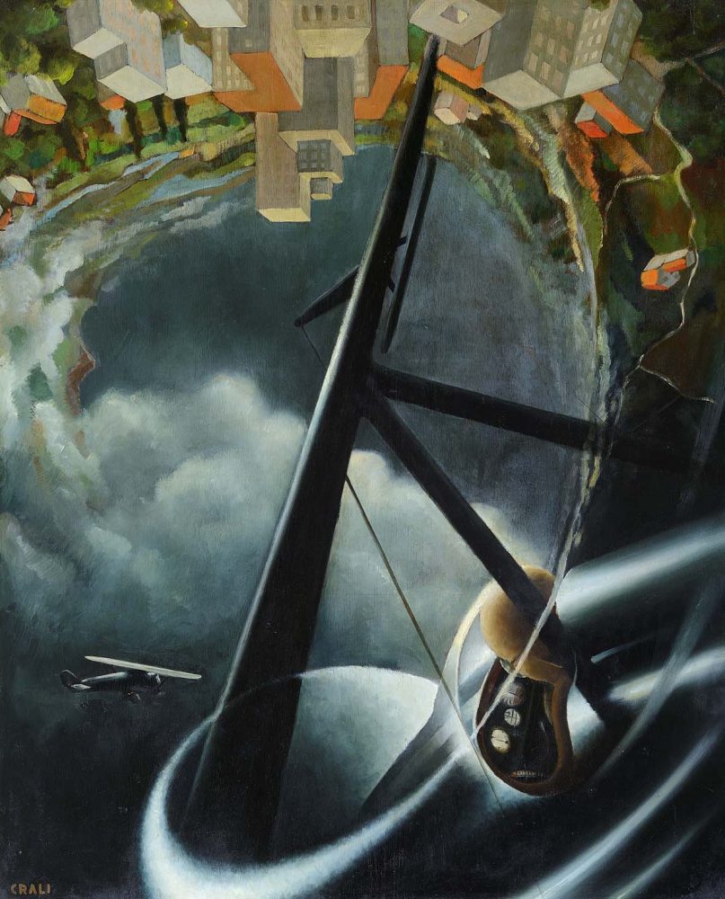 Tullio Crali - Aerocaccia I (Duello di caccia), 1936, olio su tavola, 80x100 cm