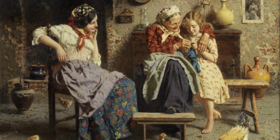 Eugenio Zampighi, Il lavoro a maglia, olio su tela, cm 56,2x77,4