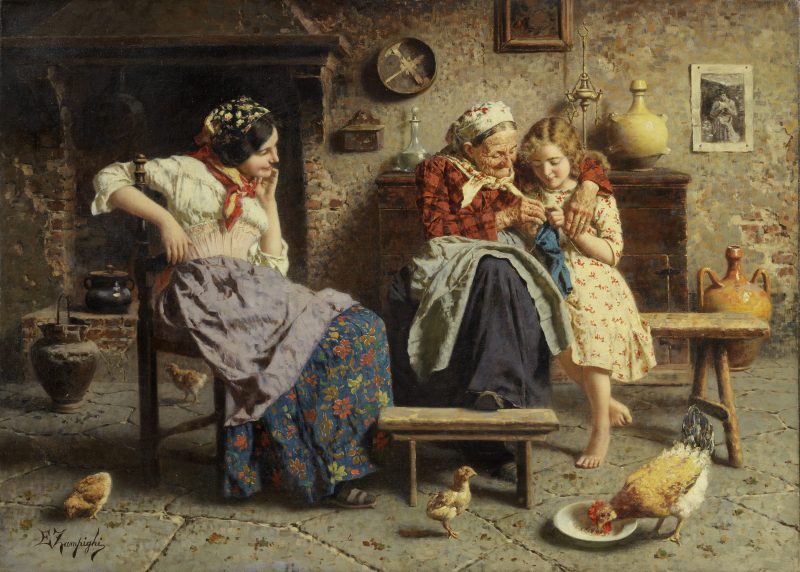Eugenio Zampighi, Il lavoro a maglia, olio su tela, cm 56,2x77,4