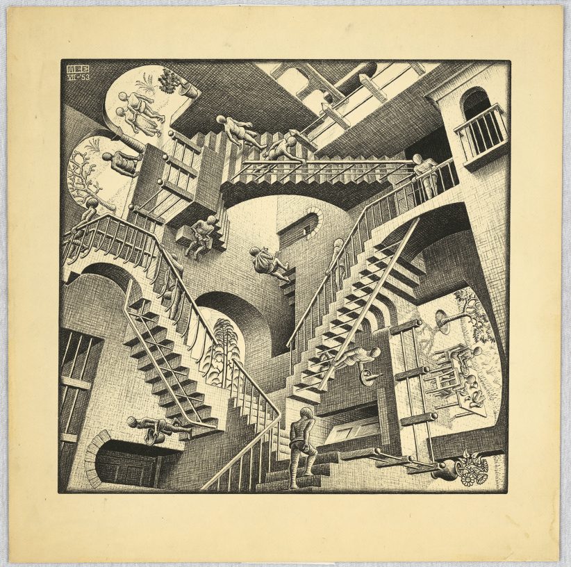 Maurits Cornelis Escher Relatività, 1953 Litografia, 277x292 mm Collezione M.C. Escher Foundation, Paesi Bassi All M.C. Escher works © 2023 The M.C. Escher Company.