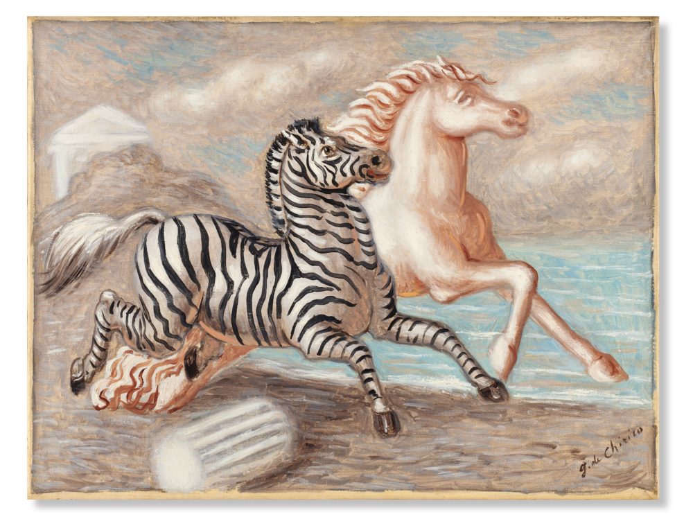Lotto 29 Giorgio de Chirico, "Cavallo bianco e zebra in corsa in riva al mare" 1932 circa, olio su tela, cm 50x65. Firmato in basso a destra. Stima € 150.000 - 250.000