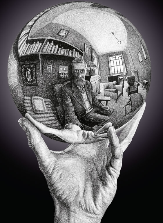 Maurits Cornelis Escher, Mano con sfera riflettente, 1935 – Litografia, 31,8x21,3 cm - Collezione Maurits, Bolzano; All M.C. Escher works © 2023 The M.C. Escher Company. All rights reserved - www.mcescher.com