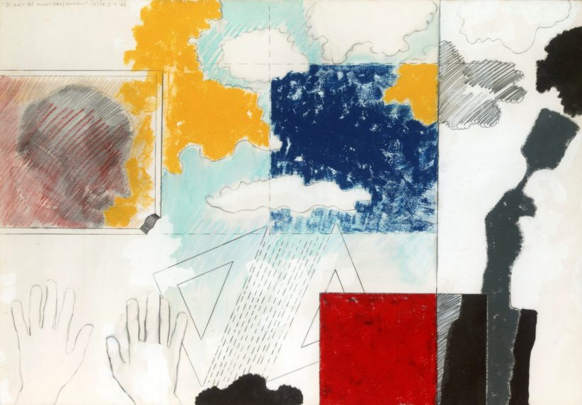 Tano Festa, Gli amici del cuore, Gianfranco Fini, 1965, grafite, smalto, pastelli acquarellati su carta, cm 70x100