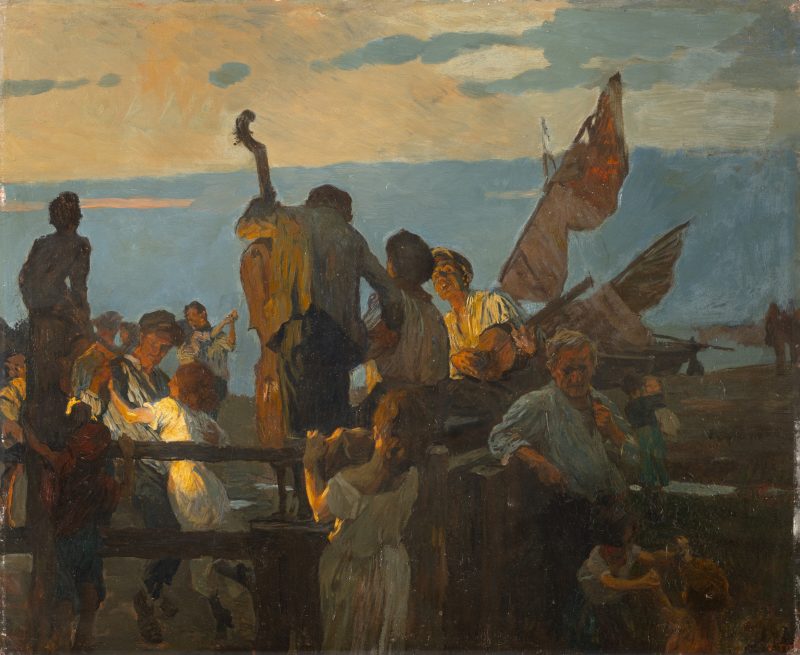 Lotto 149 Ettore Tito (Castellammare di Stabia 1859 - Venezia 1941), "Ballo di pescatori - Notturno" olio su tavola (cm 60x74). Stima € 13.000 - 15.000