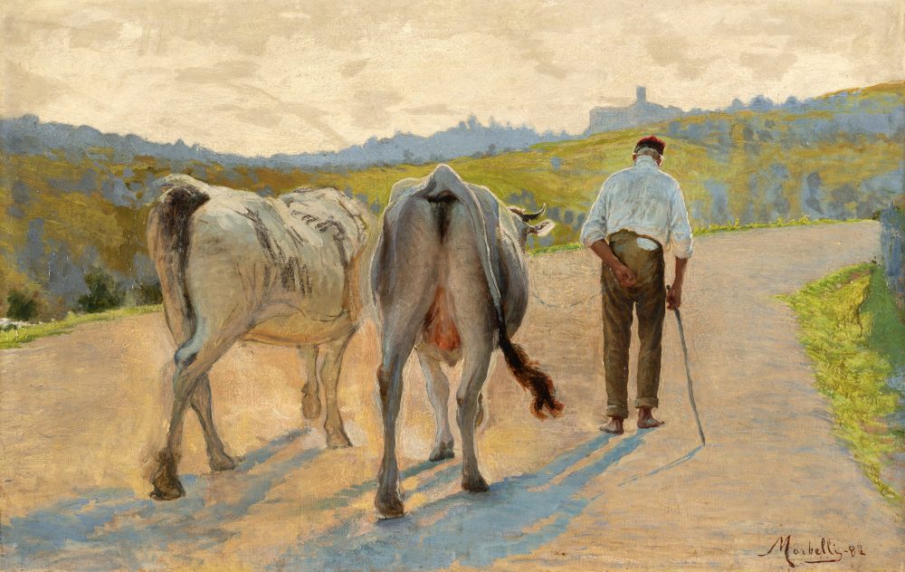 Lotto 151 Angelo Morbelli (Alessandria 1853 - Milano 1919), "Ritorno alla stalla", 1889, olio su tela (cm 53x81). Stima € 8.000 - 12.000