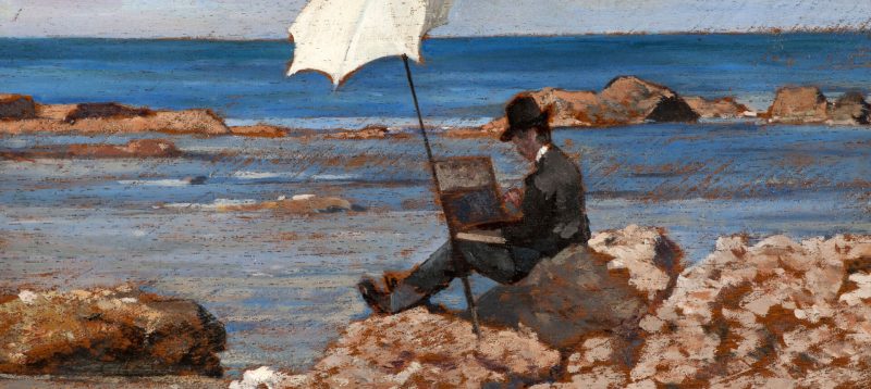 Giovanni Fattori, Silvestro Lega che dipinge sugli scogli, 1866 circa, olio su tavola, 12 x 28 cm. Collezione privata