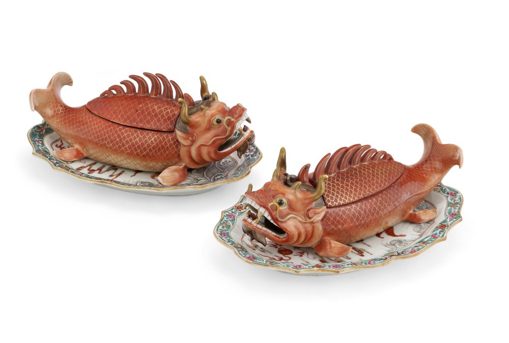 A PAIR OF CHINESE EXPORT PORCELAIN DRAGONCARP TUREENS, COVERS AND STANDS QIANLONG PERIOD (1735-1796) 9 1/4 in. (23.5 cm.) long Estimate: $40,000-60,000