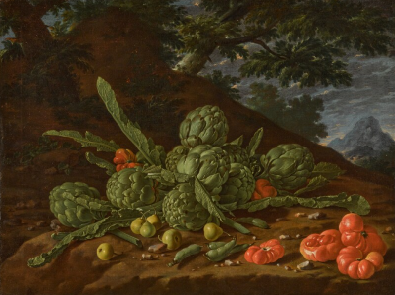 Luis Meléndez Still Life of Artichokes and Tomatoes in a Landscape