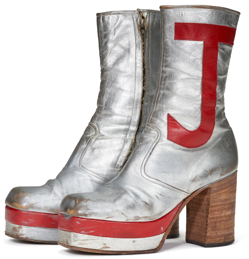 A PAIR OF SILVER LEATHER TALL PLATFORM BOOTS CIRCA 1971 Important information about this lot  ■ Post sale offsite storage Price realised USD 94,500A PAIR OF SILVER LEATHER TALL PLATFORM BOOTS CIRCA 1971 Important information about this lot  ■ Post sale offsite storage Price realised USD 94,500