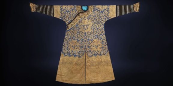 Recently discovered rare Imperial 'twelve symbol' blue silk dragon robe dating from the early 19th century worn by the Emperor of China two days of the year for festivals at the Temple of Heaven in the Forbidden City in Beijing, China. Estimate £30,000-£50,000