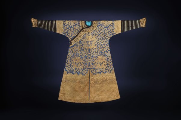 Recently discovered rare Imperial 'twelve symbol' blue silk dragon robe dating from the early 19th century worn by the Emperor of China two days of the year for festivals at the Temple of Heaven in the Forbidden City in Beijing, China. Estimate £30,000-£50,000