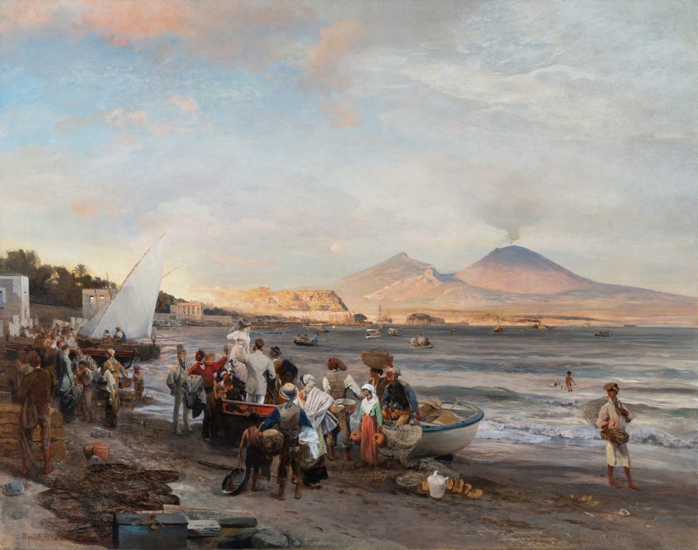 Oswald Achenbach (DÜSSELDORF, 1827 - 1905) La spiaggia di Mergellina al tramonto