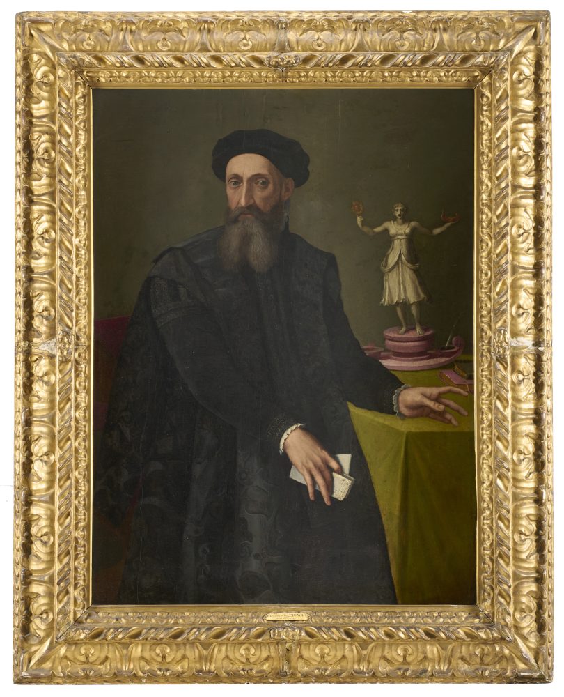 Lotto 140 Seguace di Agnolo Bronzino (Firenze 1503-1572) "Ritratto di Bartolmeo Concini" olio su tavola (cm 121 x 91) in cornice antica Stima € 16.000 - 17.000 
