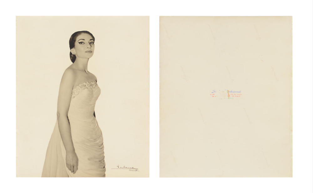 Maria Callas, ritratto fotografico in bianco e nero 29x23,5 cm realizzato da Verhassel (Bruxelles) in occasione del concerto a Bruxelles del 14 luglio 1959.