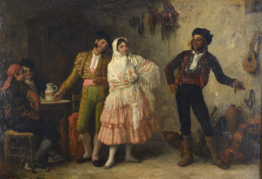 Scena Galante in interno di locanda di Jules James Rougeron (Gevrey-Chambertin 1841 - Parigi 1880) firmato e datato 1872, in basso a sinistra (lotto 491 stima € 1200-1800)