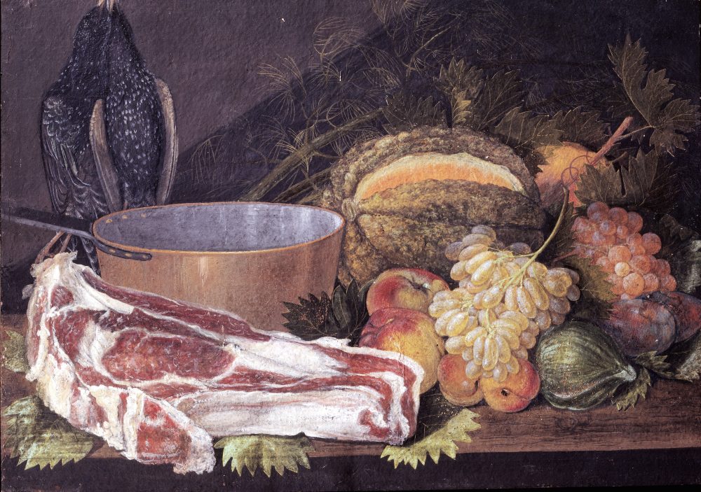 Giovanni Rivalta, Bistecca, frutta e uccelli appesi, seconda metà del XVIII secolo, tempera su carta incollata su tela. Collezione BPER Banca, Modena 