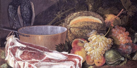 Giovanni Rivalta, Bistecca, frutta e uccelli appesi, seconda metà del XVIII secolo, tempera su carta incollata su tela. Collezione BPER Banca, Modena