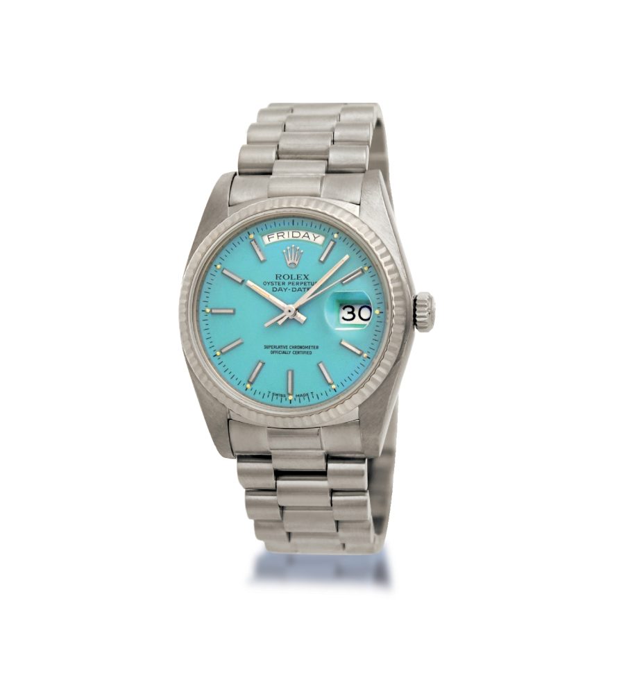 ROLEX "TIFFANY STELLA DIAL". Modello: Oyster Perpetual Day-Date ref. 18039. Anni: 1982. Base d’asta: 40.000 €