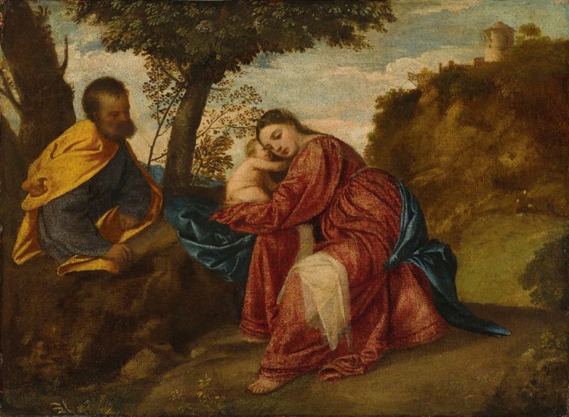 Tiziano Vecellio, called Titian (Pieve di Cadore circa 1485/90-1576 Venice) Rest on the Flight into Egypt oil on canvas, laid on panel 18.1/4 x 24.3/4 in. (46 x 62.9 cm.) Estimate: £15,000,000 - 25,000,000