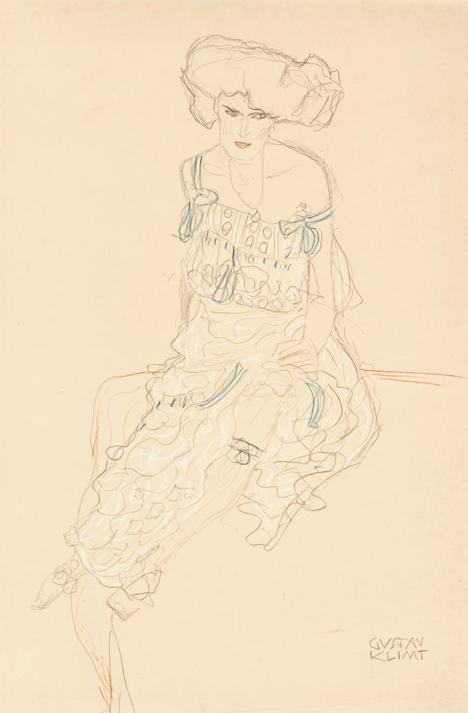  Gustav Klimt (1862–1918) Sitzende von vorne (Studie für “Judith II”), (Figura seduta di fronte, Studio per "Judith II"), c. 1908 matita, matita colorata rossa e blu con lumeggiature bianche, 56 x 37 cm stima € 120.000 – 200.000