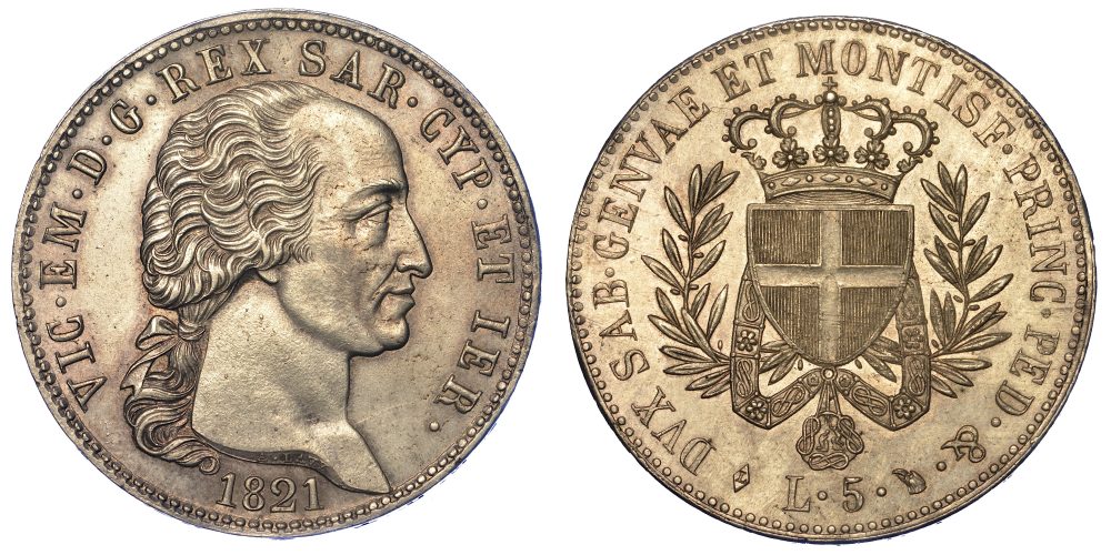 REGNO DI SARDEGNA. VITTORIO EMANUELE I DI SAVOIA, 1802-1821. 5 Lire 1821. € 8.000,00 / 12.000,00