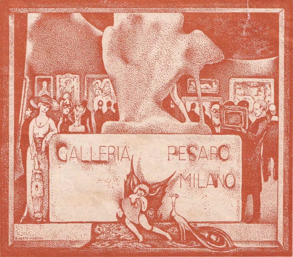 Alberto Martini (Oderzo, 1876-Milano, 1954), biglietto da visita per la Galleria Pesaro di Milano, 1915 circa, cliché al tratto. Collezione Ferruccio Proverbio, Milano