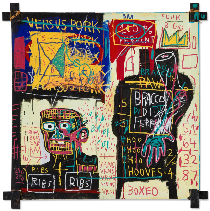 JEAN-MICHEL BASQUIAT (1960-1988)The Italian Version of Popeye has no Pork in his Diet acrylic, oilstick and paper collage on canvas mounted on tied wood supports Executed in 1982. Estimate on Request; In excess of $30,000,000