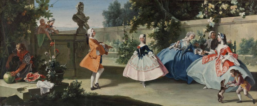 -Filippo Falciatore (Naples, documenté de 1718 à 1768) La Musique ou Concert dans un jardin La Danse ou Bal dans un jardin Huile sur toile. 39,5 x 97 cm chacun Genève, collection Carla et Francesco Valerio 